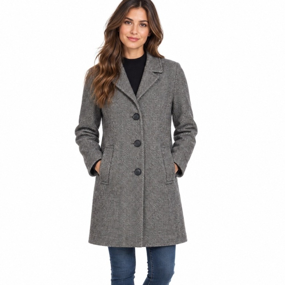 Zara Gray Herringbone Tweed Coat 3 Button Tailored Wool Look | Size 9/10